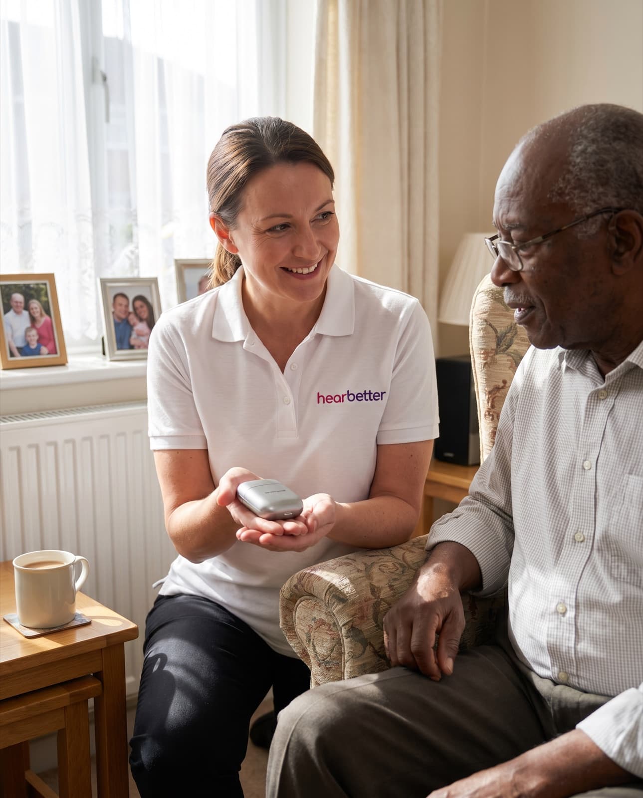 A hearing aid being discussed during a Hear Better home fitting